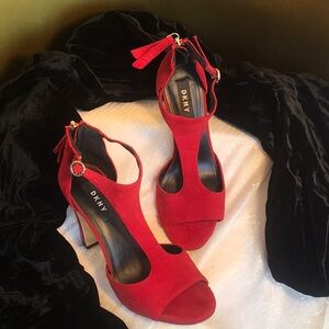 DKNY Red Suede Open-Toe Block Heel Sandals